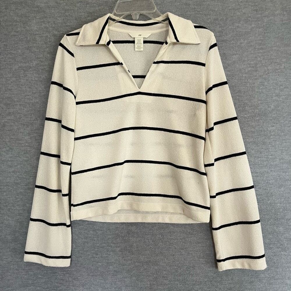 H&M Wide Striped Textured Jersey Top Womens XS White Collared Preppy Tenniscore